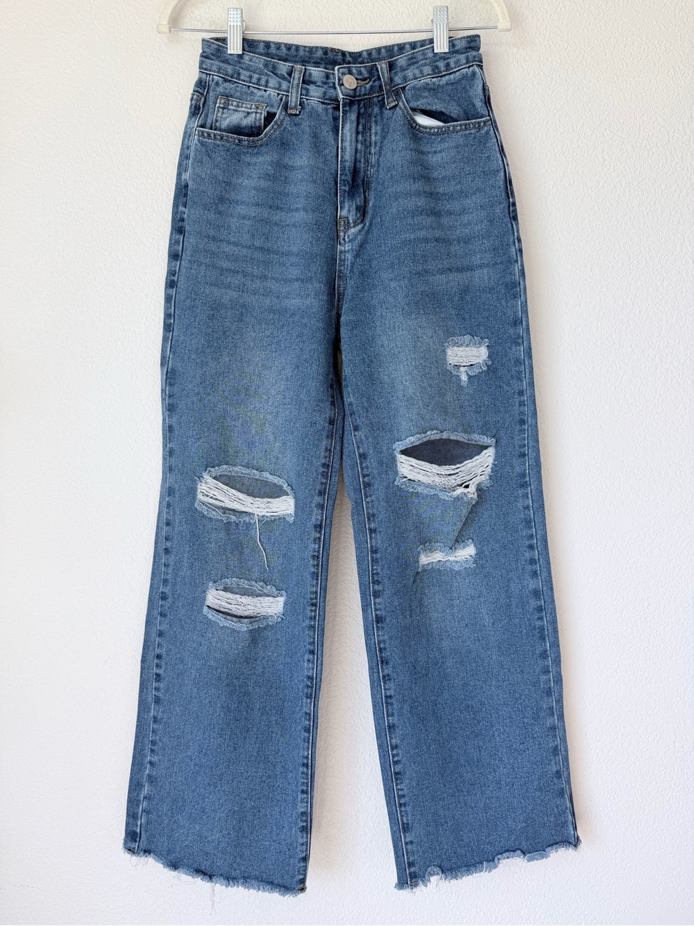 Cider High Rise Distressed Wide Leg Jeans Raw Hem Light Wash XS